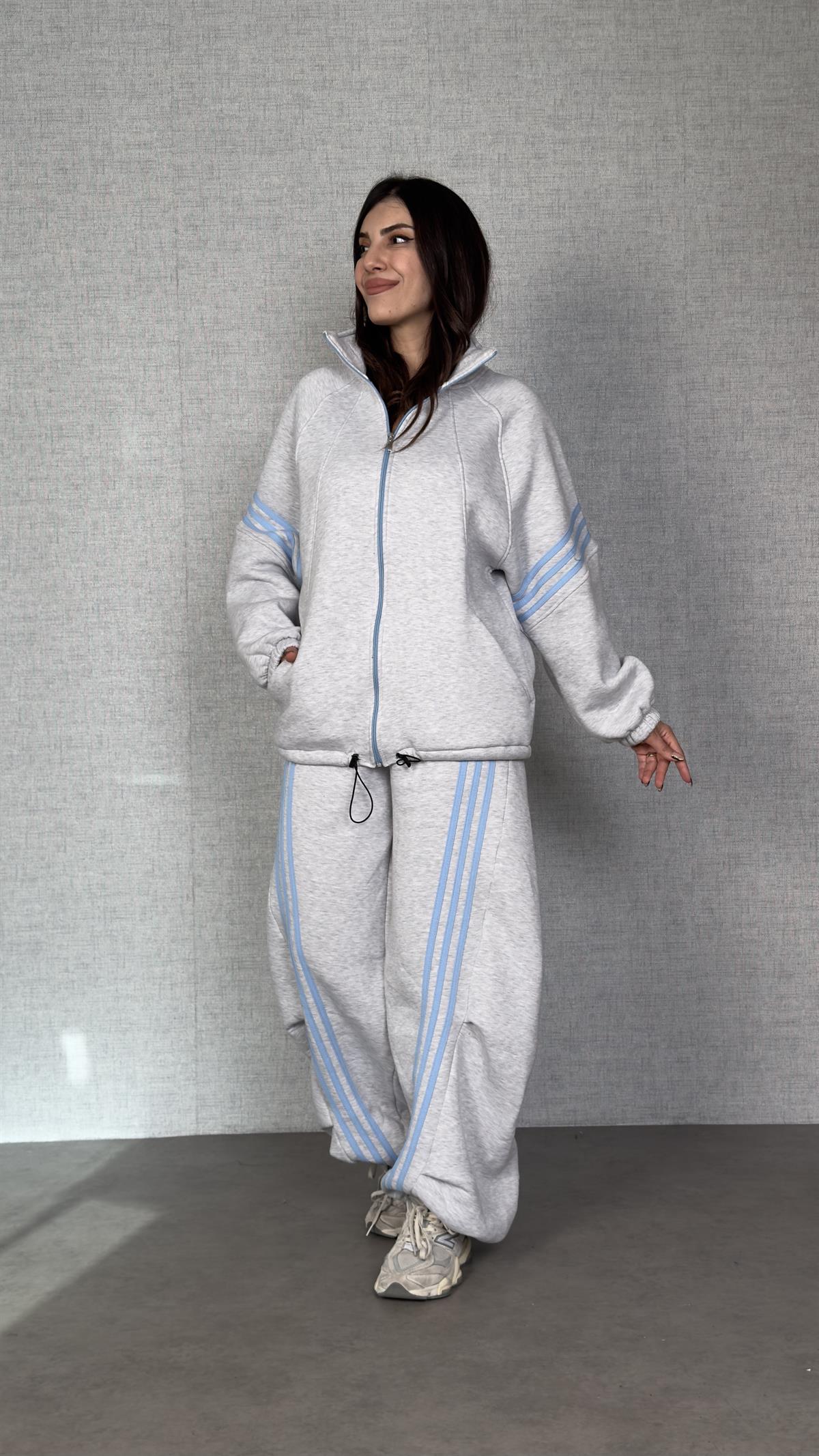 Panne Gri Şerit Detaylı Üç İplik Oversize İkili Takım