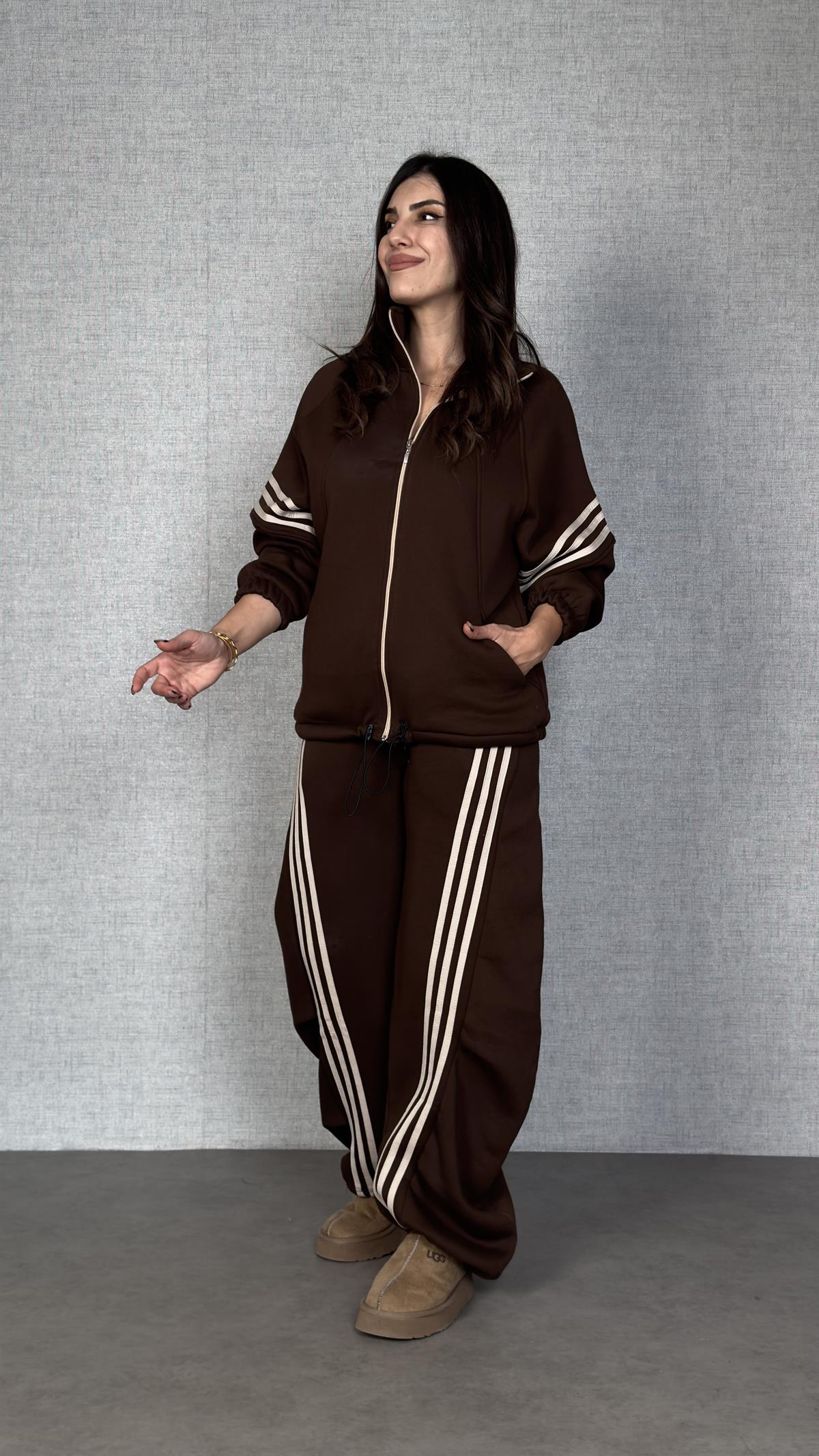 Panne Kahverengi Şerit Detaylı Üç İplik Oversize İkili Takım