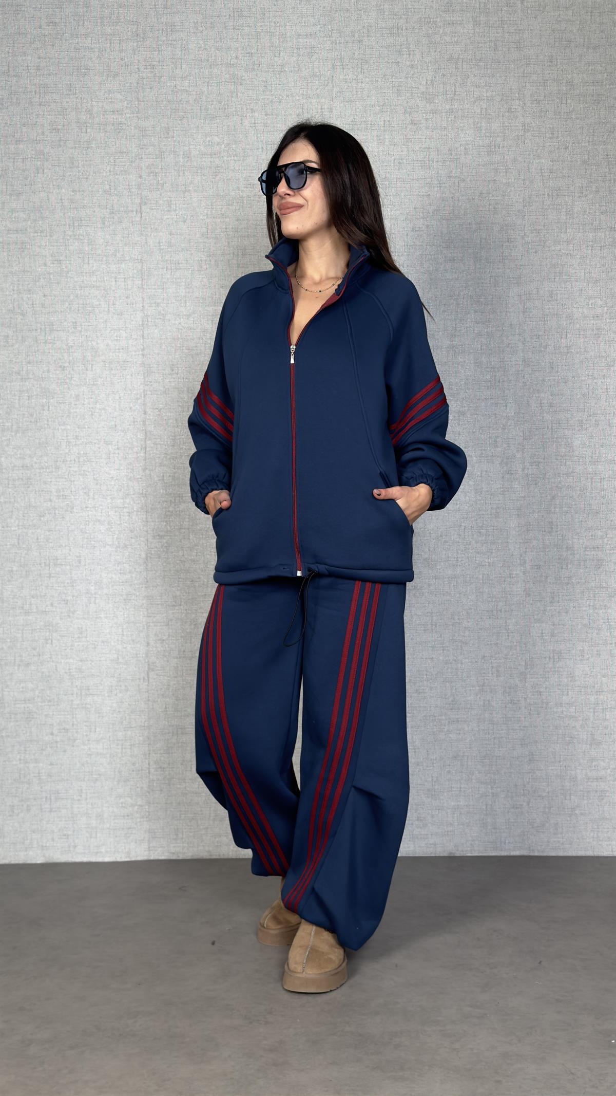 Panne Lacivert Şerit Detaylı Üç İplik Oversize İkili Takım