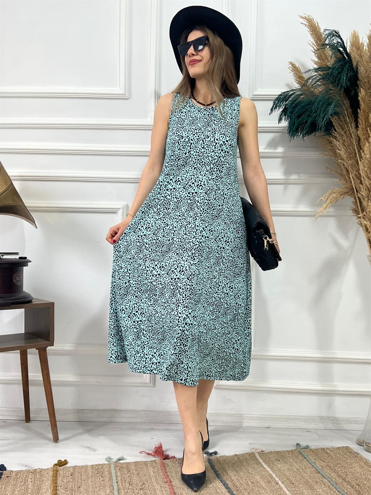 Melissa Mavi Minik Desenli Sıfır Kol Elbise
