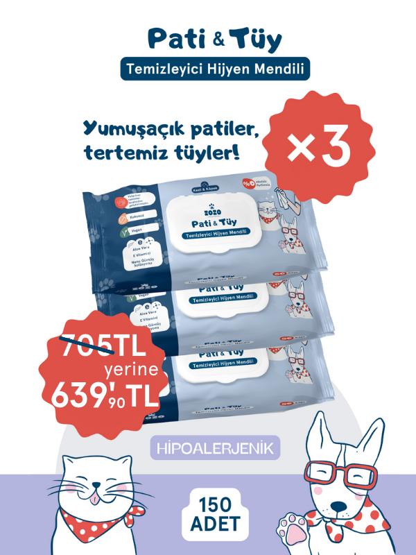 Pati & Tüy Temizleyici Hijyen Mendili - 3'lü Paket (150 YAPRAK) 