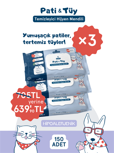 Pati & Tüy Temizleyici Hijyen Mendili - 3'lü Paket (150 YAPRAK) 