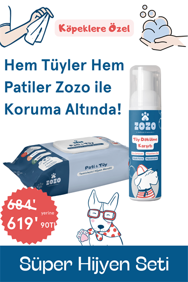 Zozo Cares Süper Hijyen Seti - Köpeklere Özel Pati Mendili ve Tüy Dökülme Karşıtı Köpük Kuru Şampuan