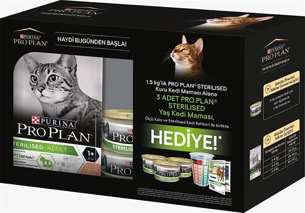 Pro Plan Hediye Paketi Kısırlaştırılmış Somonlu Kedi Maması 1.5 Kg + 3 Adet  Yaş Mama +