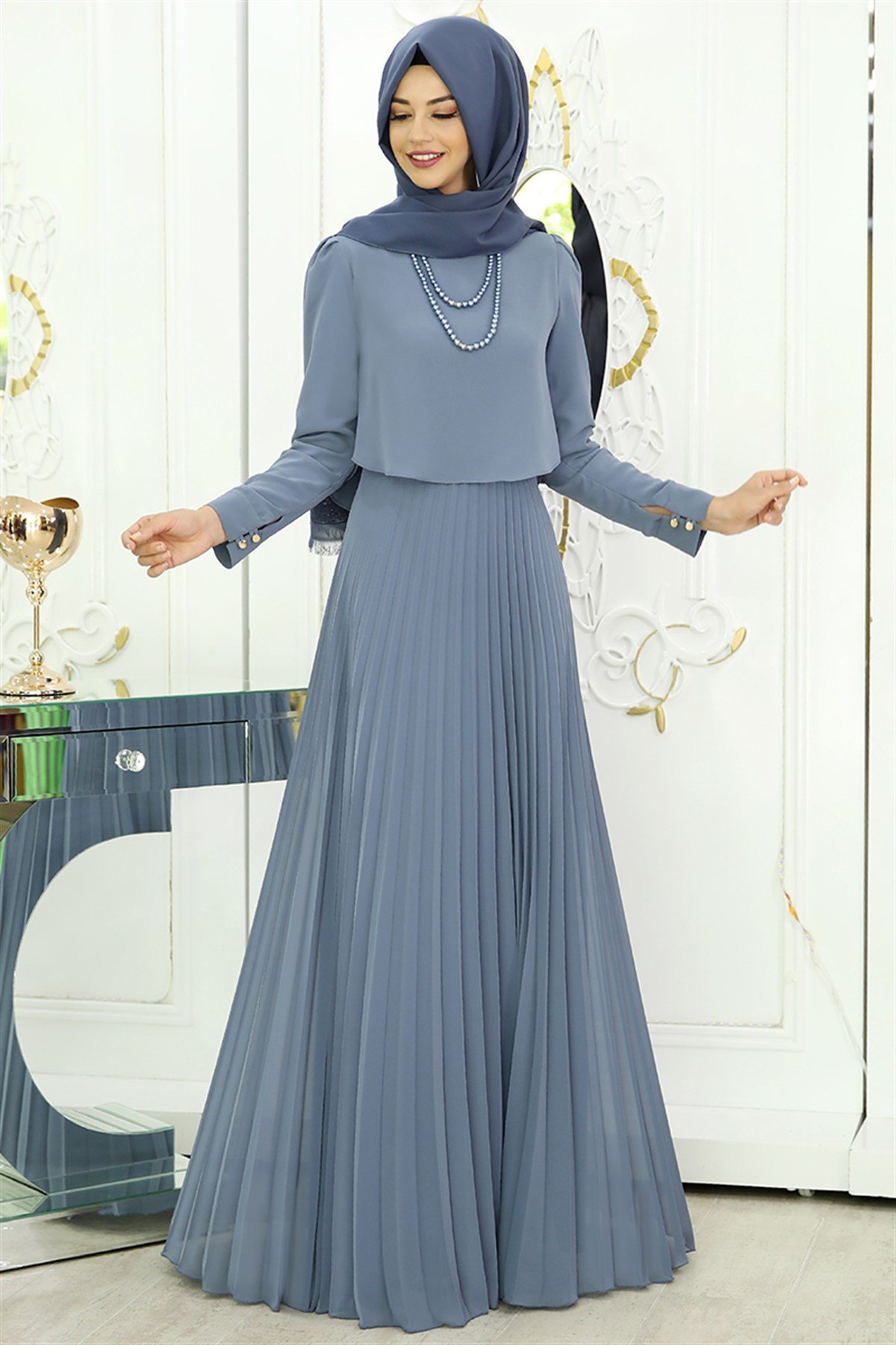 Pınar Şems - Piliseli Elbise İndigo - Mehruyan