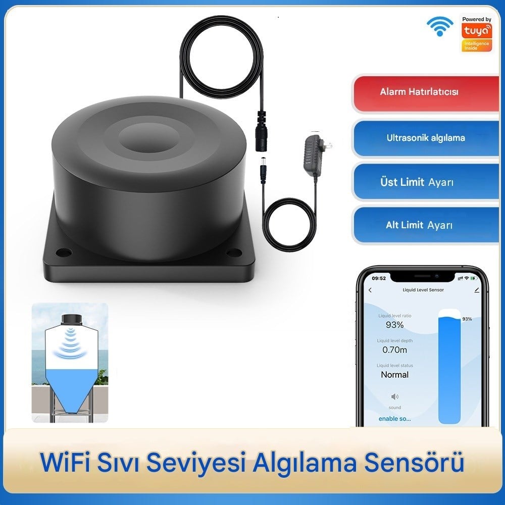 YATE10 WiFi IP65 Su Geçirmez Ultrasonik Akıllı Sıvı Seviye Monitörü Alarm  Özellikli