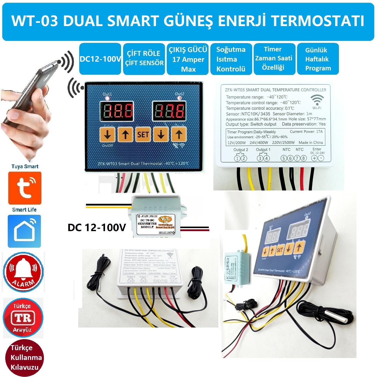 Yate10 WT-03 Dual Smart Wifi DC12-100V 17A Güneş Panel Termostat/ Timer