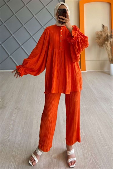 Mena Ham Keten Tunik Pantolon İkili Takım Oranje - Ferfure | Moda Gündem