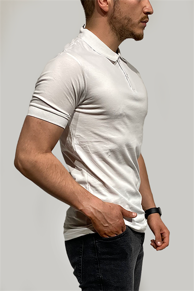 Erkek Dar Kesim Düğmeli Polo Yaka Beyaz T-Shirt