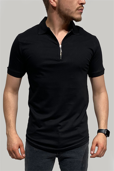Erkek Dar Kesim Fermuarlı Polo Yaka Siyah T-Shirt