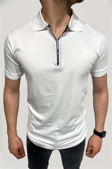 Erkek Dar Kesim Fermuarlı Polo Yaka Beyaz T-Shirt