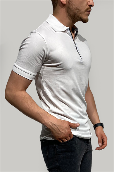 Erkek Dar Kesim Fermuarlı Polo Yaka Beyaz T-Shirt