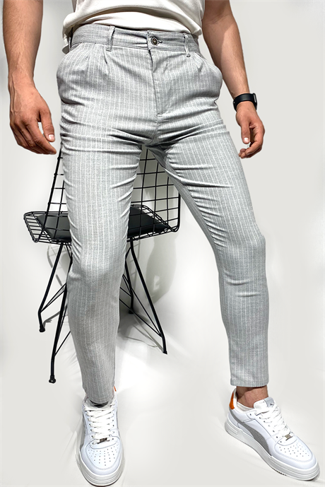Erkek İtalyan Kesim Gri Çizgili Kumaş Pantolon