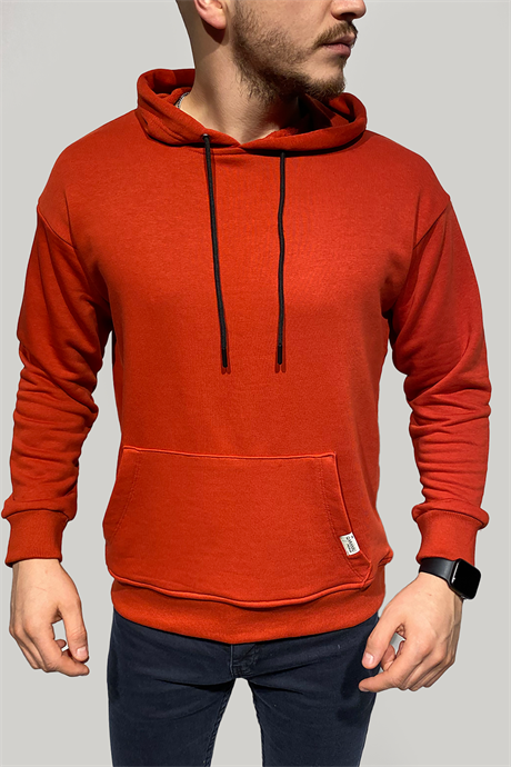 Erkek Kırmızı Düz Renk Kapüşonlu Sweatshirt