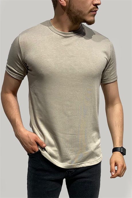Erkek Pamuklu Düz Rahat Kalıp Süper Kumaş Bej T-Shirt