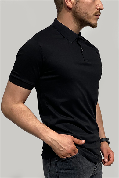 Erkek Dar Kesim Düğmeli Polo Yaka Siyah T-Shirt