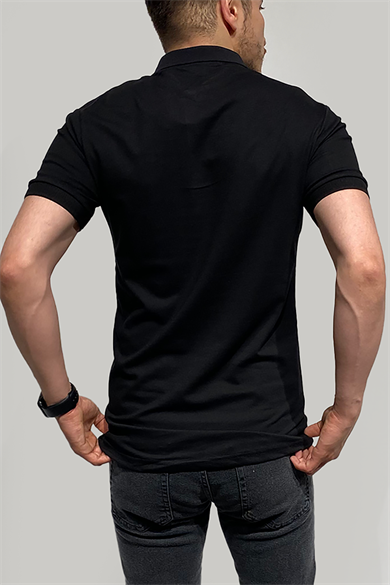 Erkek Dar Kesim Düğmeli Polo Yaka Siyah T-Shirt
