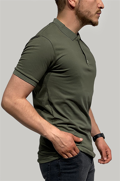 Erkek Dar Kesim Düğmeli Polo Yaka Yeşil T-Shirt
