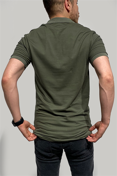 Erkek Dar Kesim Fermuarlı Polo Yaka Yeşil T-Shirt