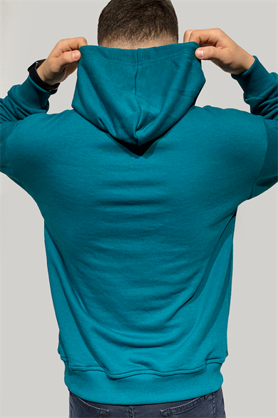 Erkek Petrol Mavisi Düz Renk Kapüşonlu Sweatshirt