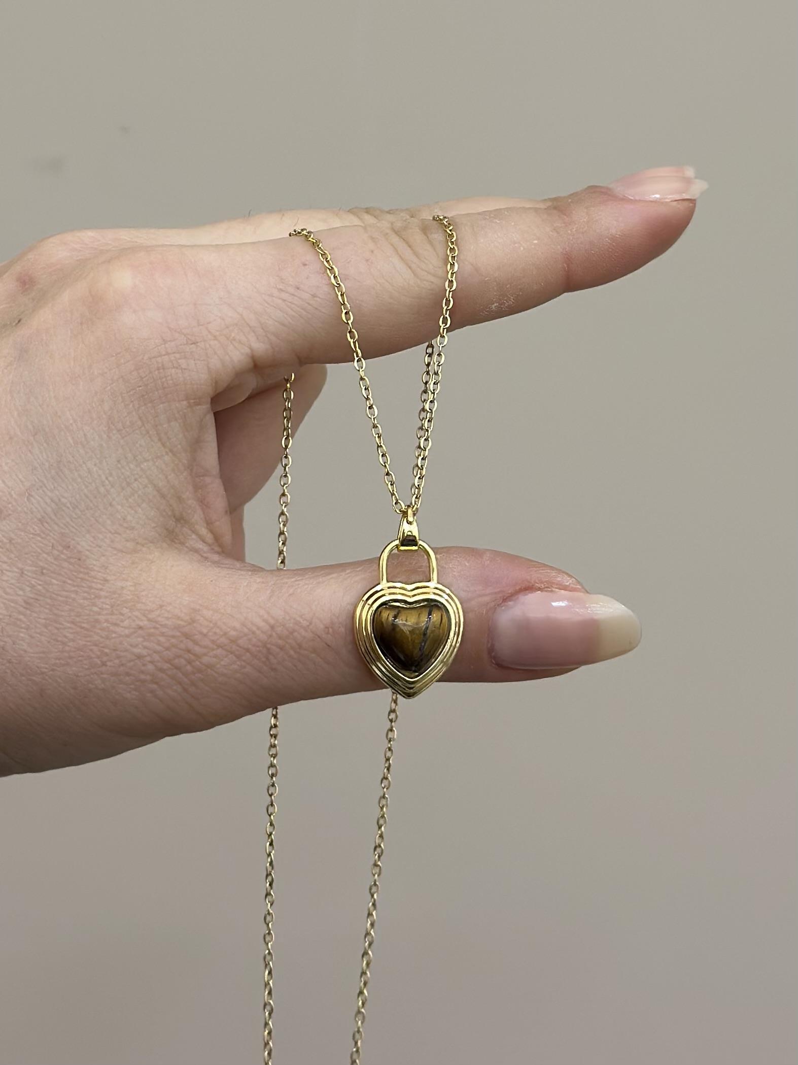 Kolye Çelik Kahverengi Taş Kalp Gold Renk 
