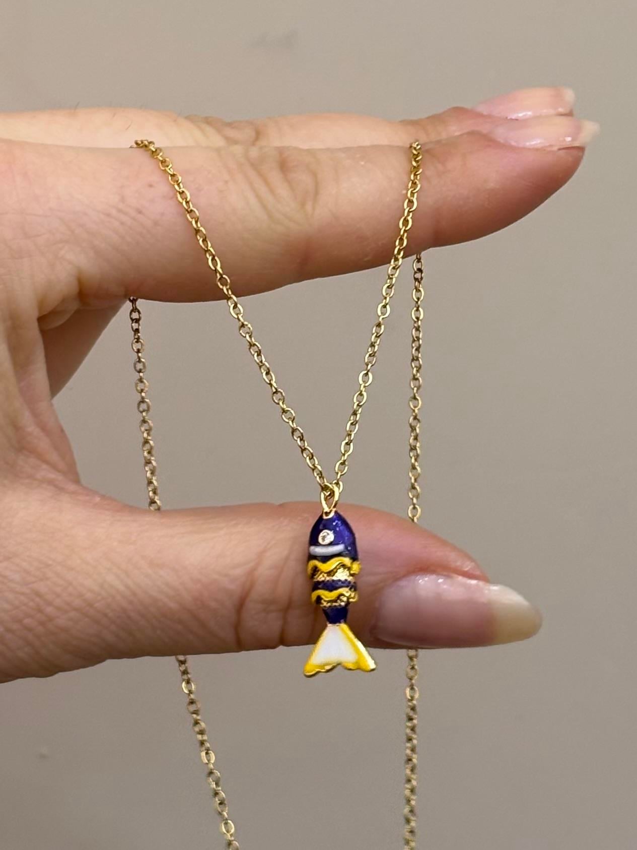 Kolye Çelik Lacivert Balık Gold Renk 