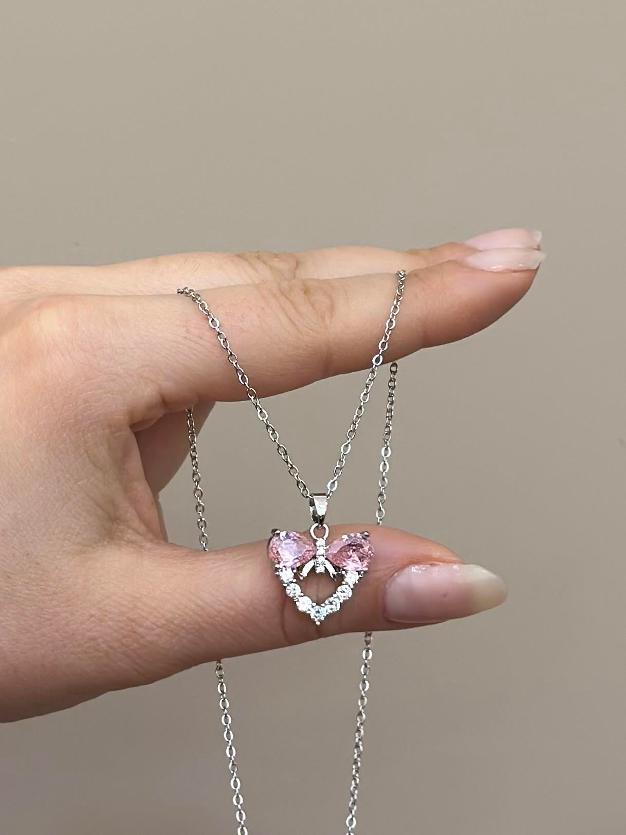Kolye Çelik Pembe Taş Kalp Gümüş Renk