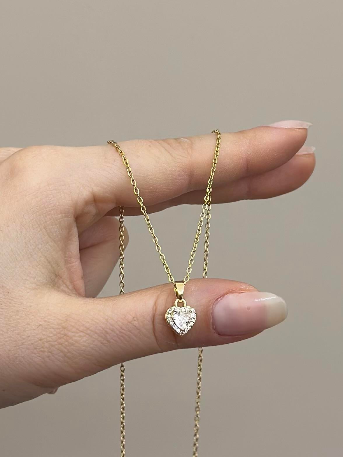 Kolye Çelik Taş Kalp Gold Renk 