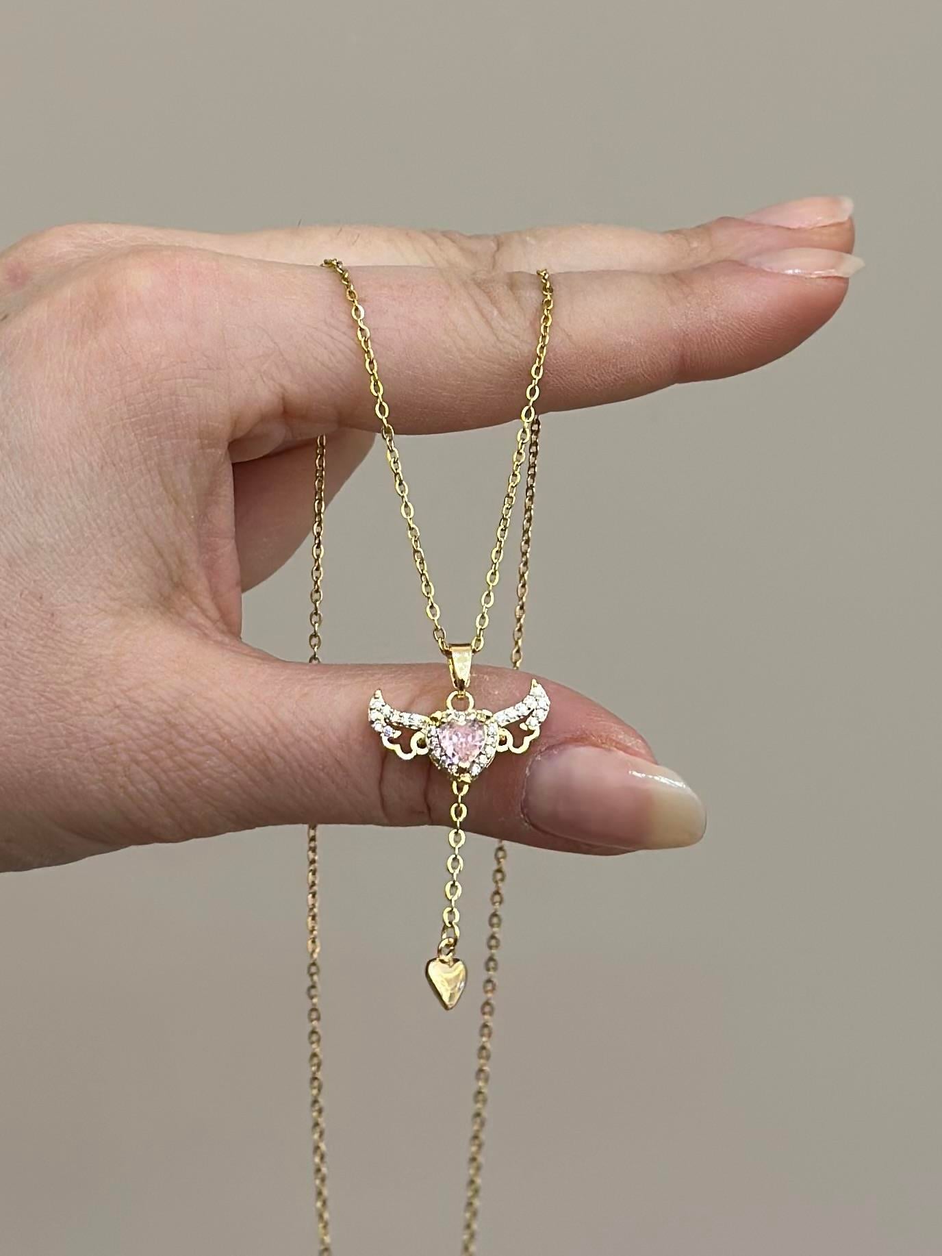 Kolye Çelik Taş Kalp Sallantı Gold Renk 