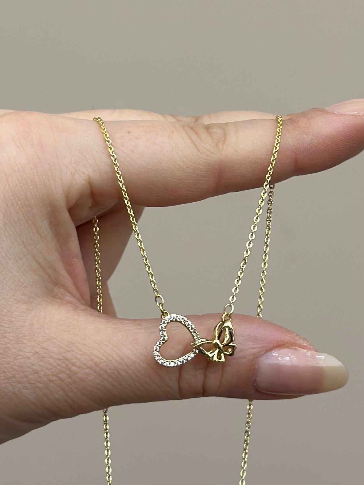 Kolye Çelik Taş Kelebek Kalp Gold Renk