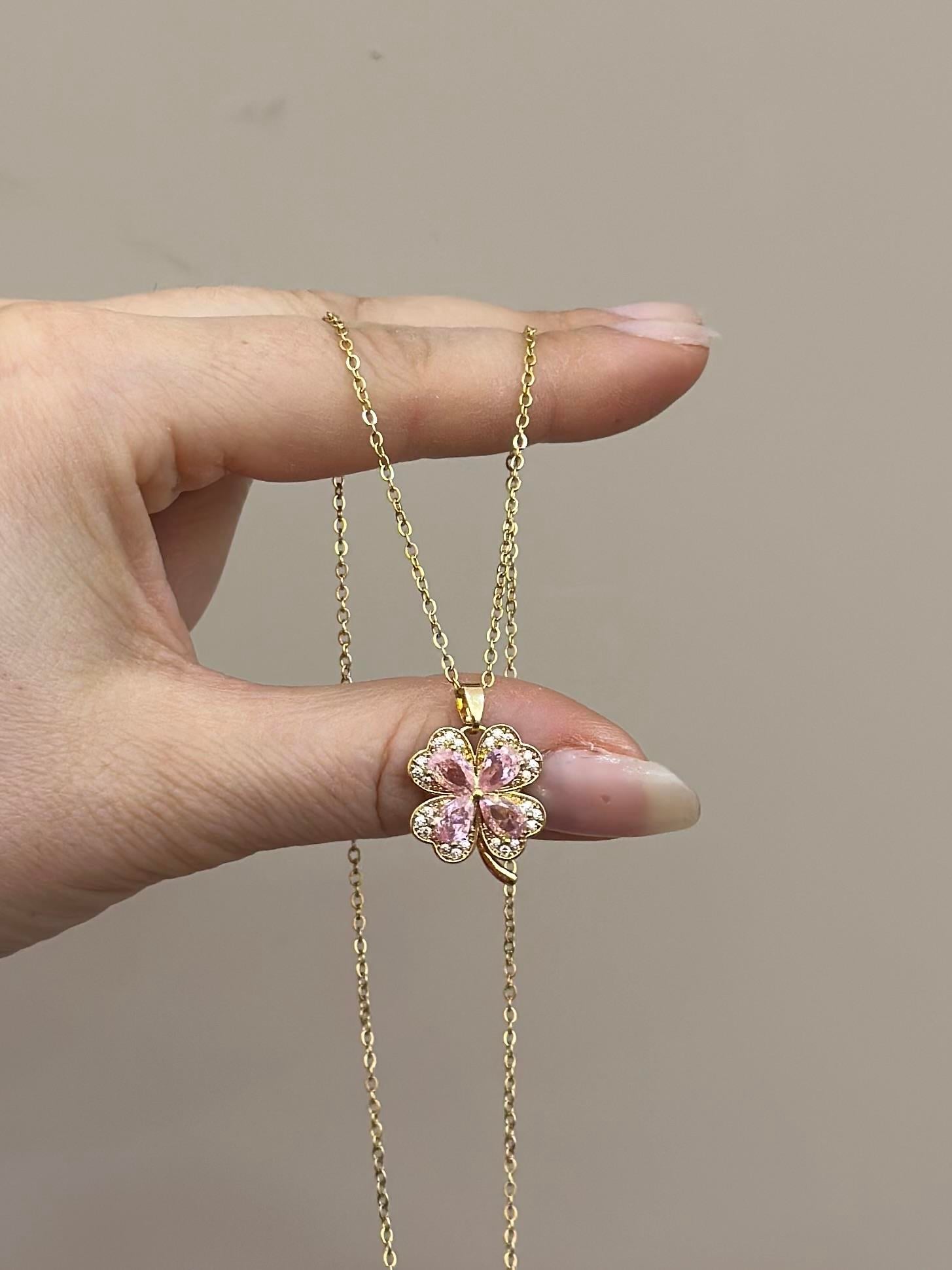 Kolye Pembe Taş Yonca Gold Renk