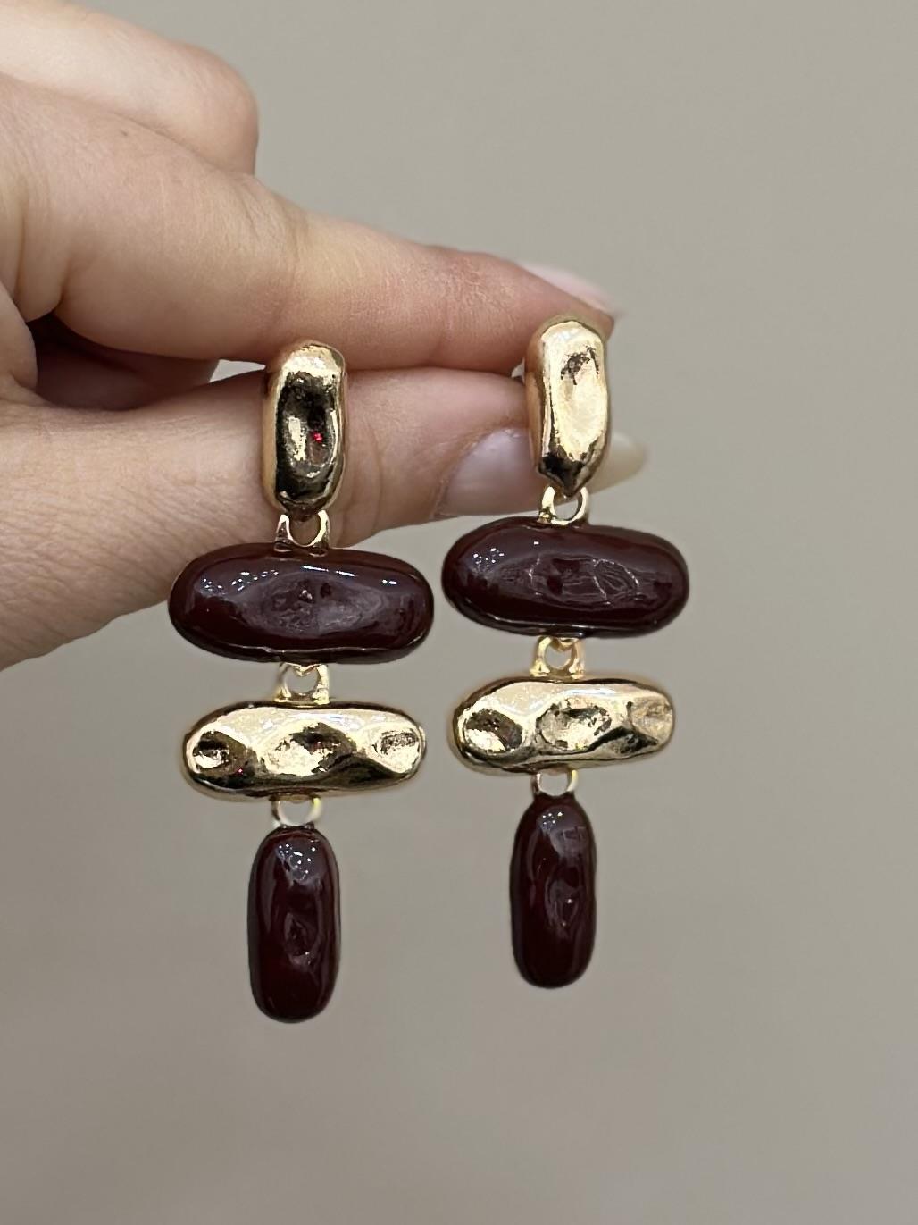 Küpe Bordo Sallantı Tasarım Gold Renk 