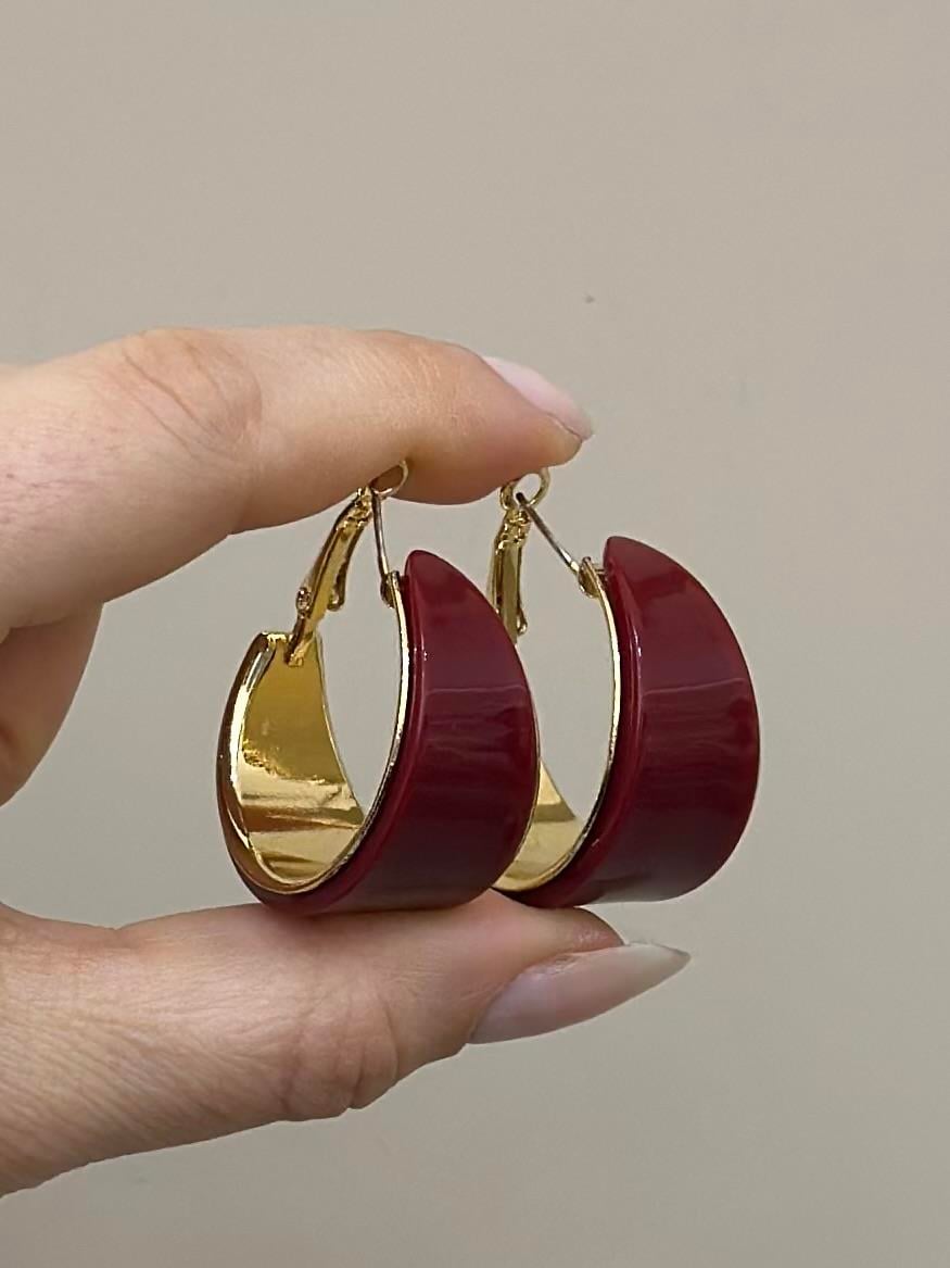 Küpe Halka Bordo Taş Tasarım Gold Renk 