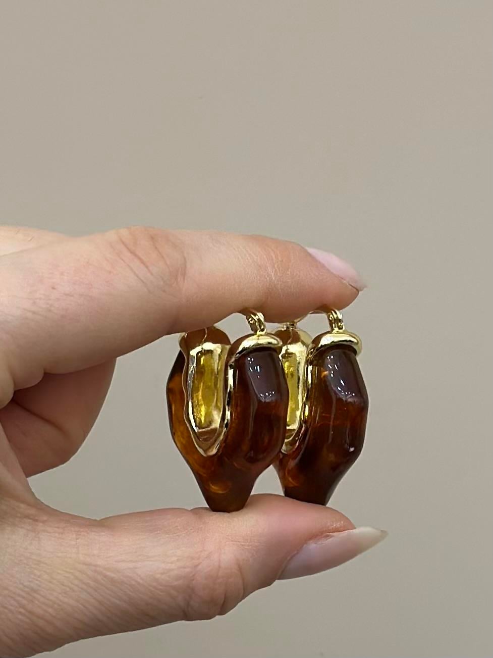 Küpe Halka Kahverengi Taş Gold Renk 