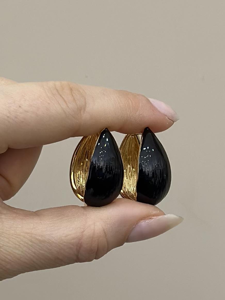 Küpe Halka Siyah Damla Tasarım Gold Renk 