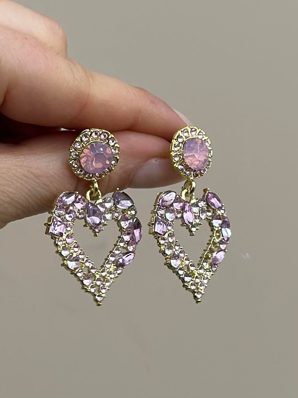 Küpe Taş Pembe Kalp Sallantı Gold Renk 