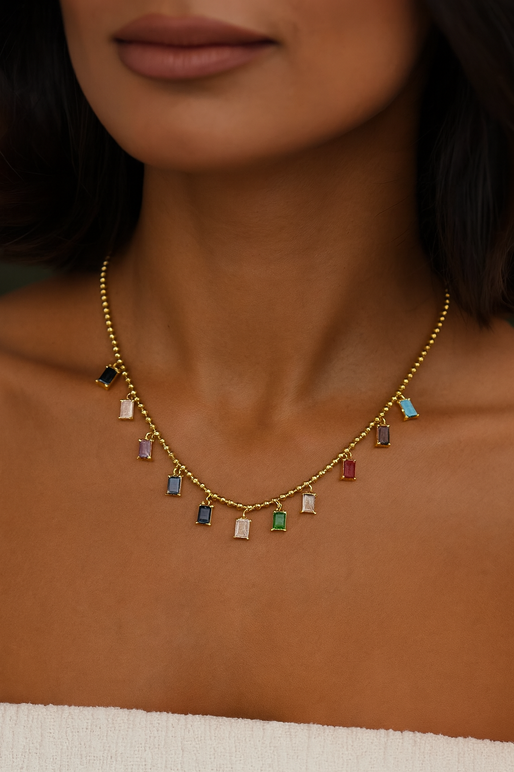 Vip kolye renkli taşlı 14 k gold kolye 
