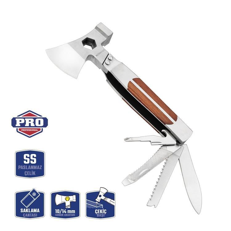WORKPRO WP383001 12 IN 1 Çok Fonksiyonlu Profesyonel Mini Balta/Çekiç Alet Seti + Taşıma Kılıfı