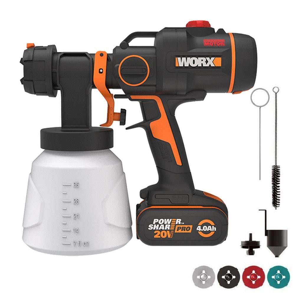 WORX WX020 20Volt 4.0Ah. Li-ion Tek Akülü Şarjlı Kömürsüz Devir Ayarlı Boya Tabancası + 4 Parça Yedek Nozul/Meme
