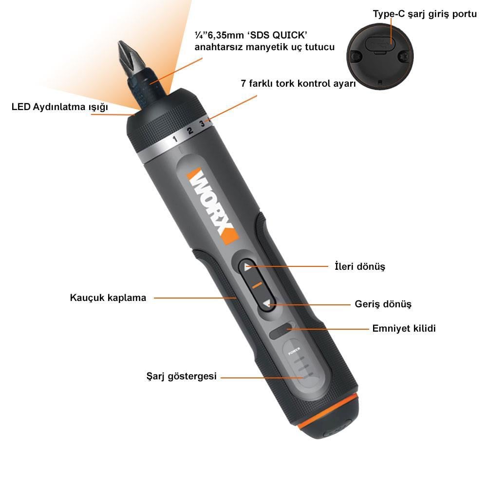 WORX WX242 4Volt/2.0Ah. Li-ion Akıllı Tork Ayarlı Şarjlı Tornavida + 30 ...