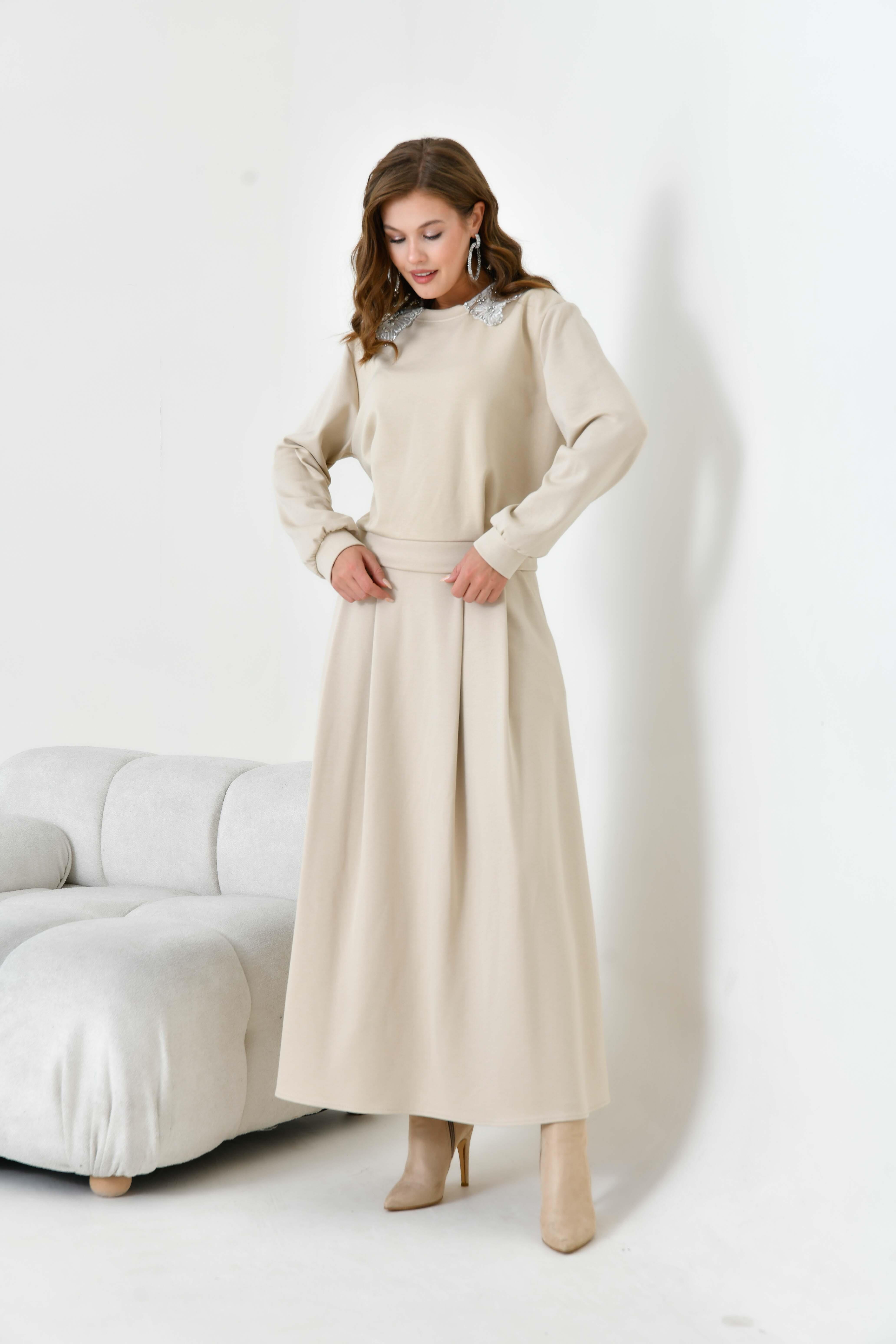 Firoy Kadın Bebe Yaka Etekli İki İp Takım  Beige
