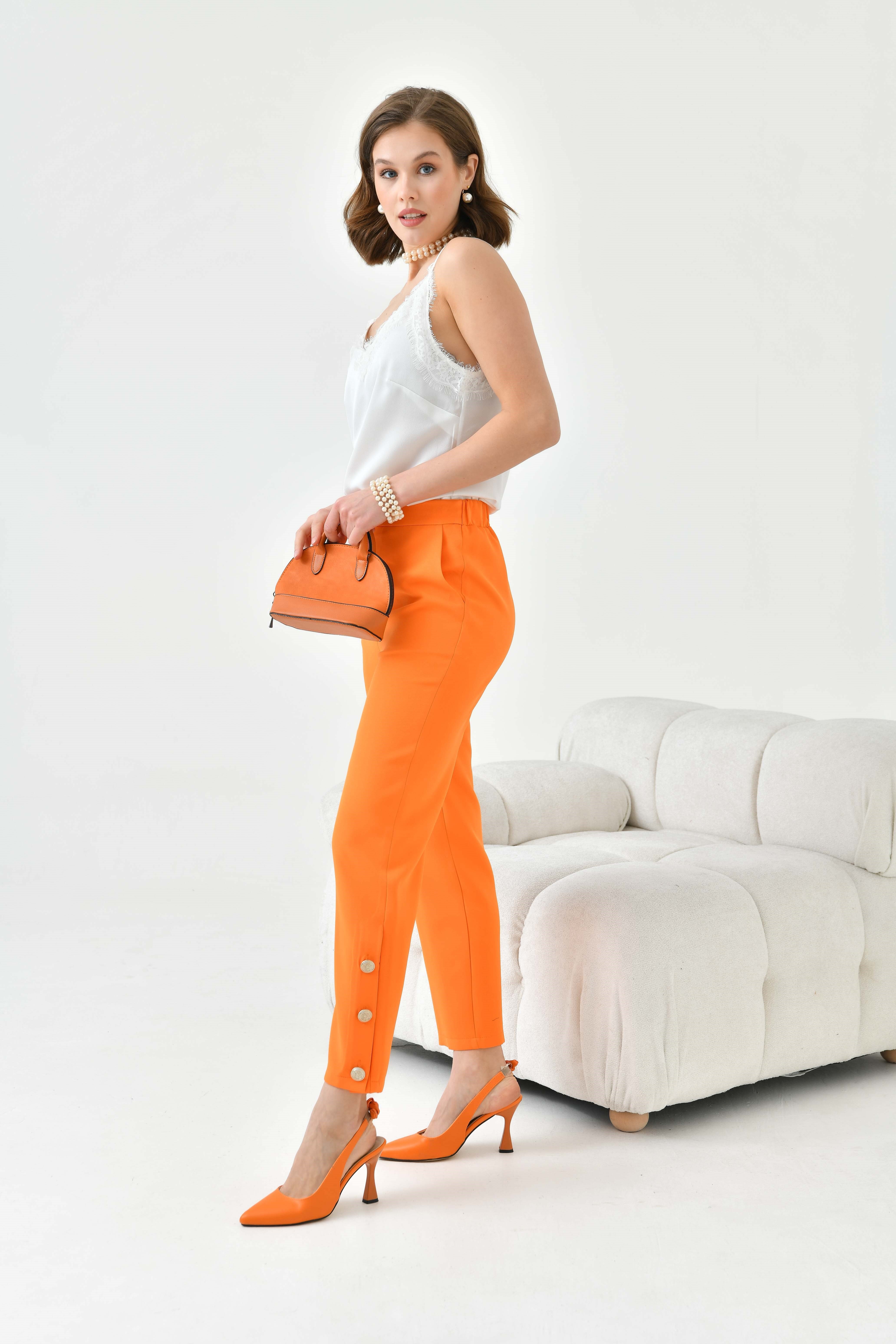 Firoy Kadın Dar Paça Düğmeli Pantolon  Orange