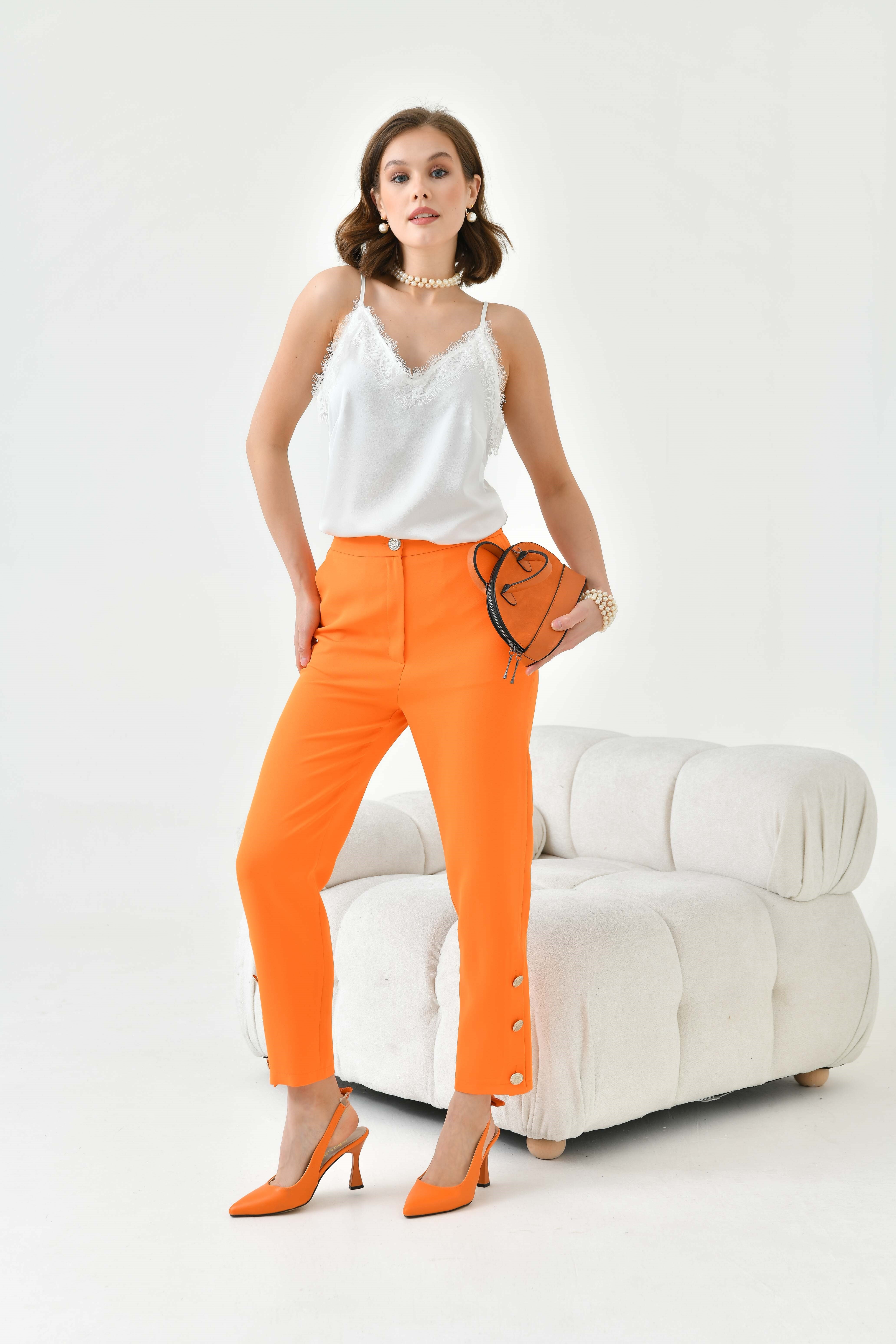 Firoy Kadın Dar Paça Düğmeli Pantolon  Orange