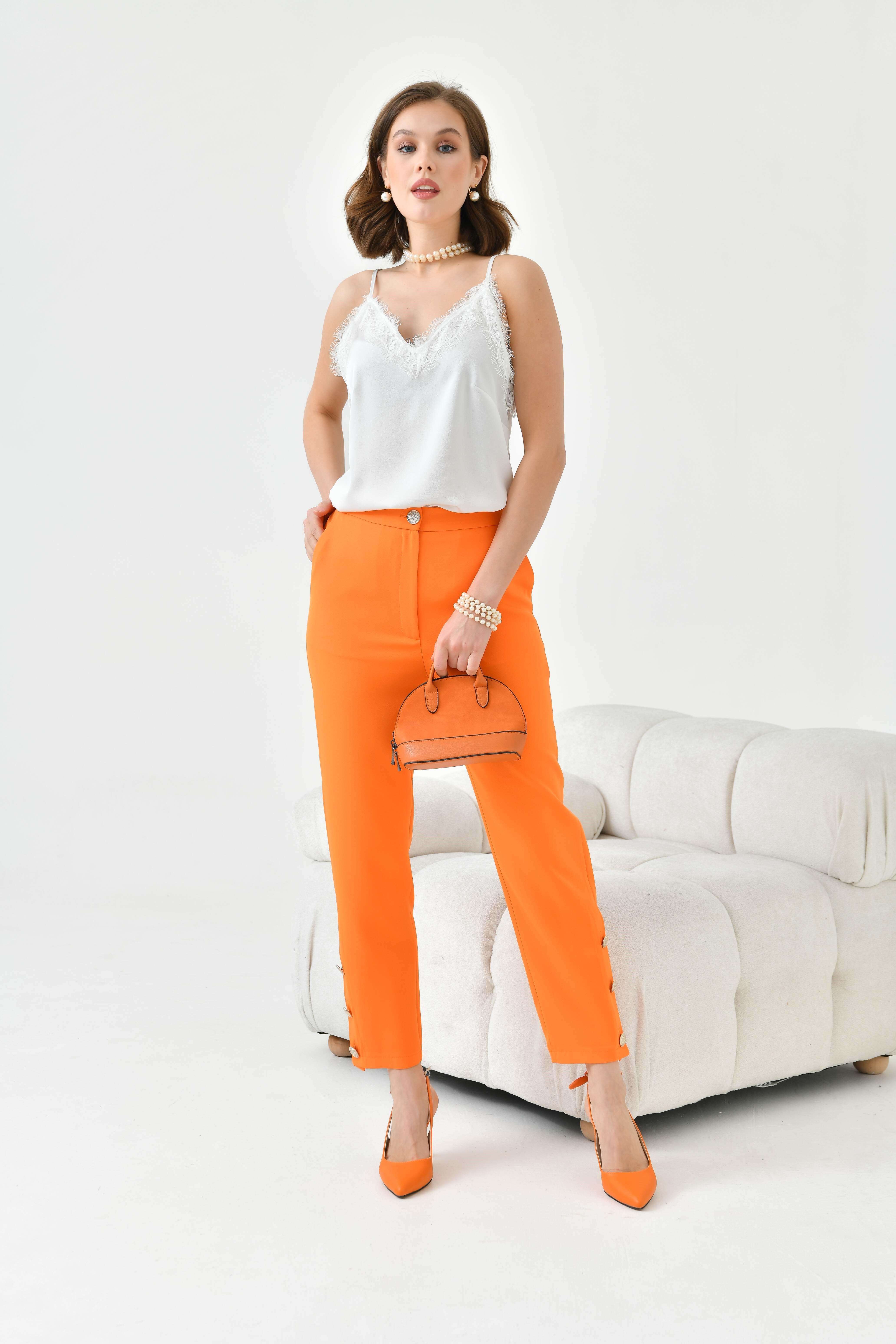 Firoy Kadın Dar Paça Düğmeli Pantolon  Orange