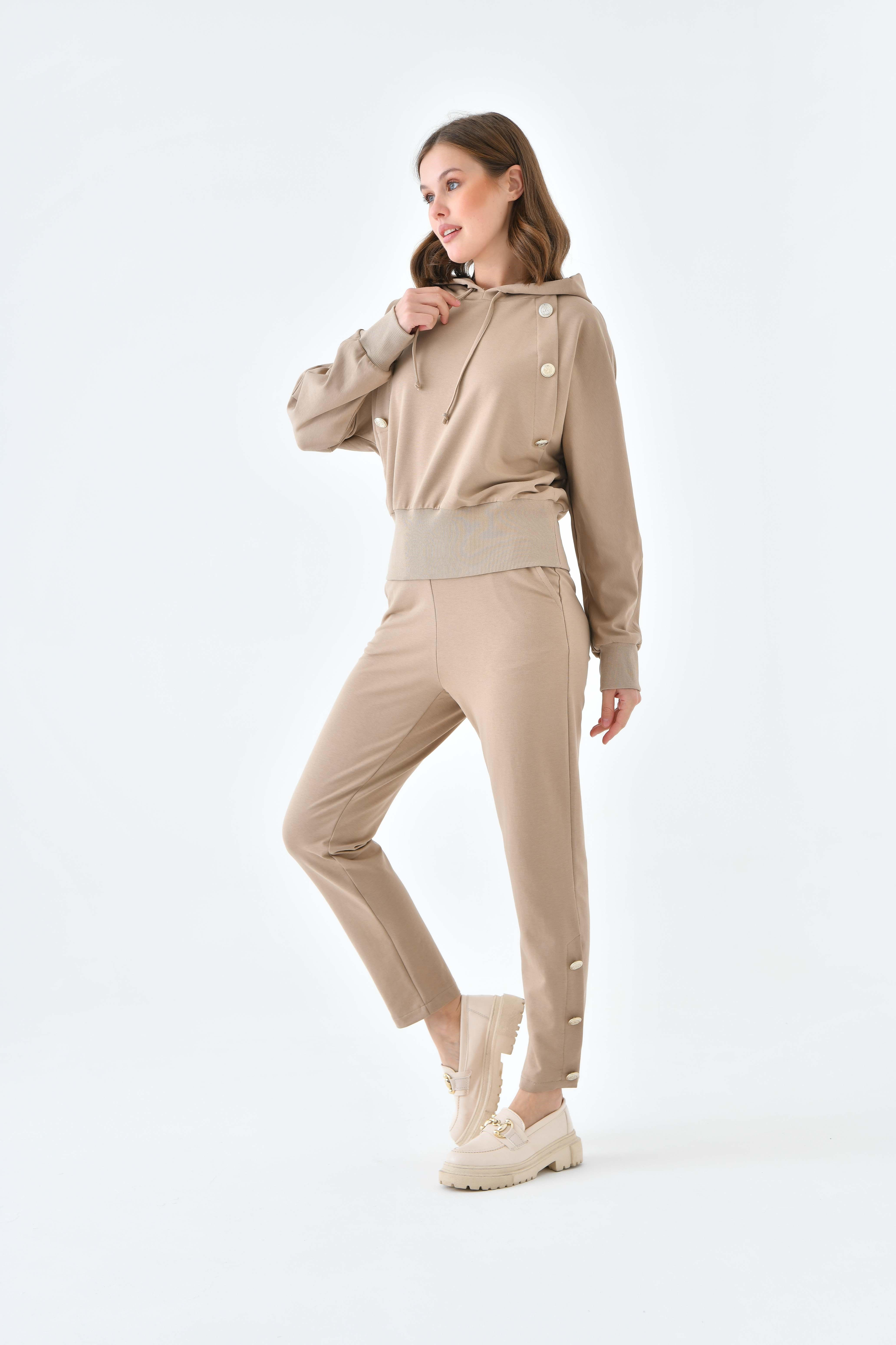 Firoy Kadın İki İp Düğme Detaylı Takım  Beige
