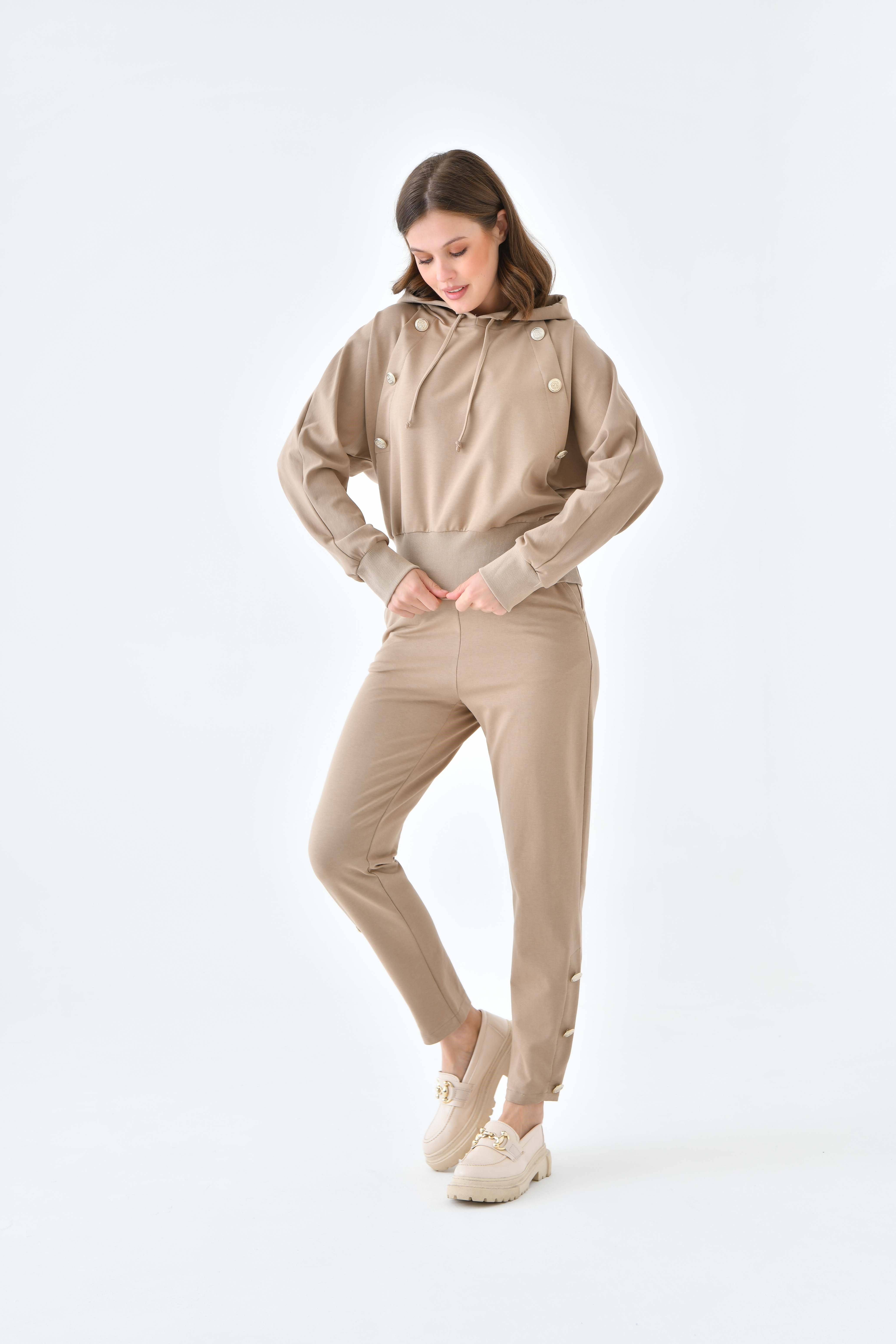 Firoy Kadın İki İp Düğme Detaylı Takım  Beige