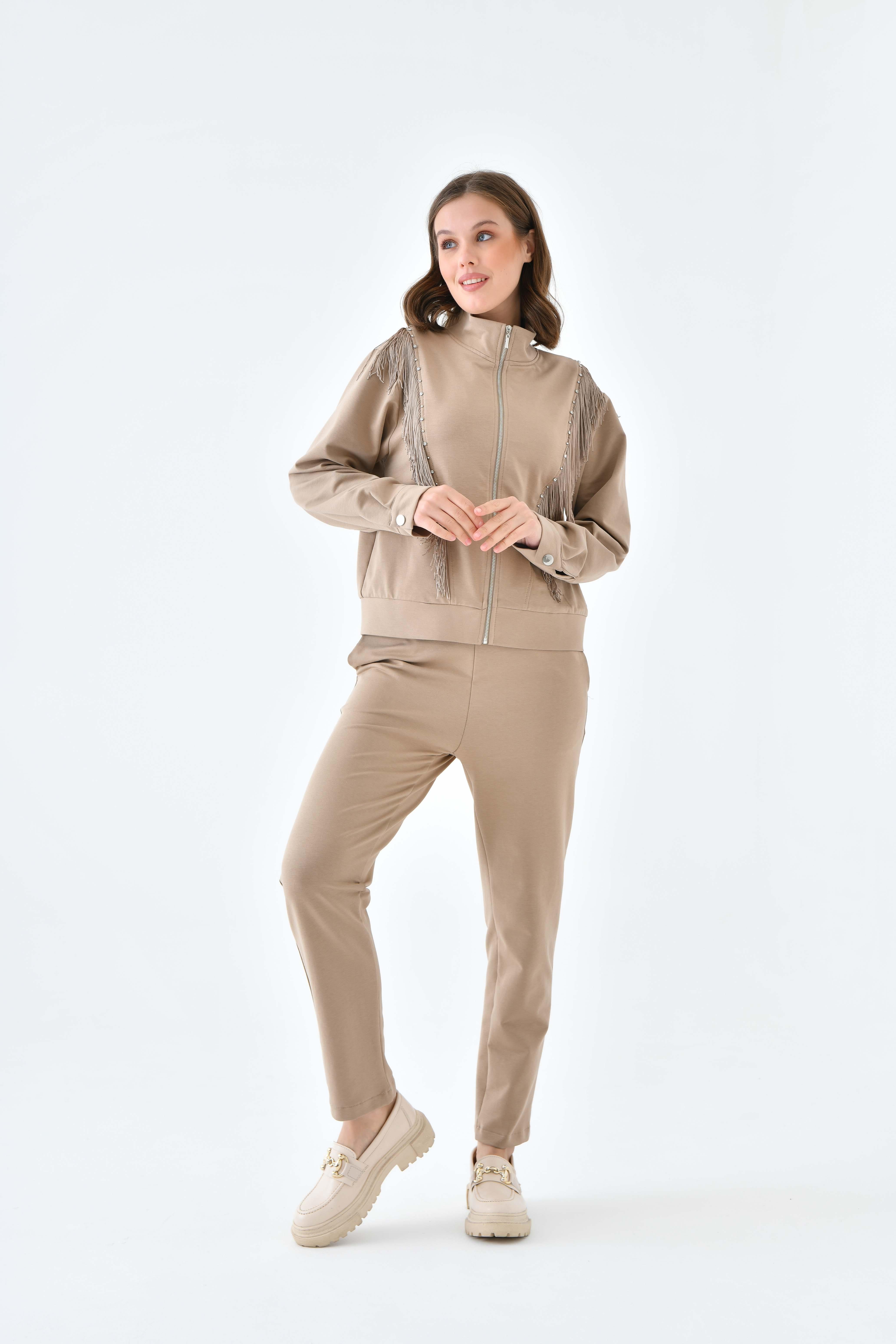 Firoy Kadın İki İp Püsküllü Takım  Beige