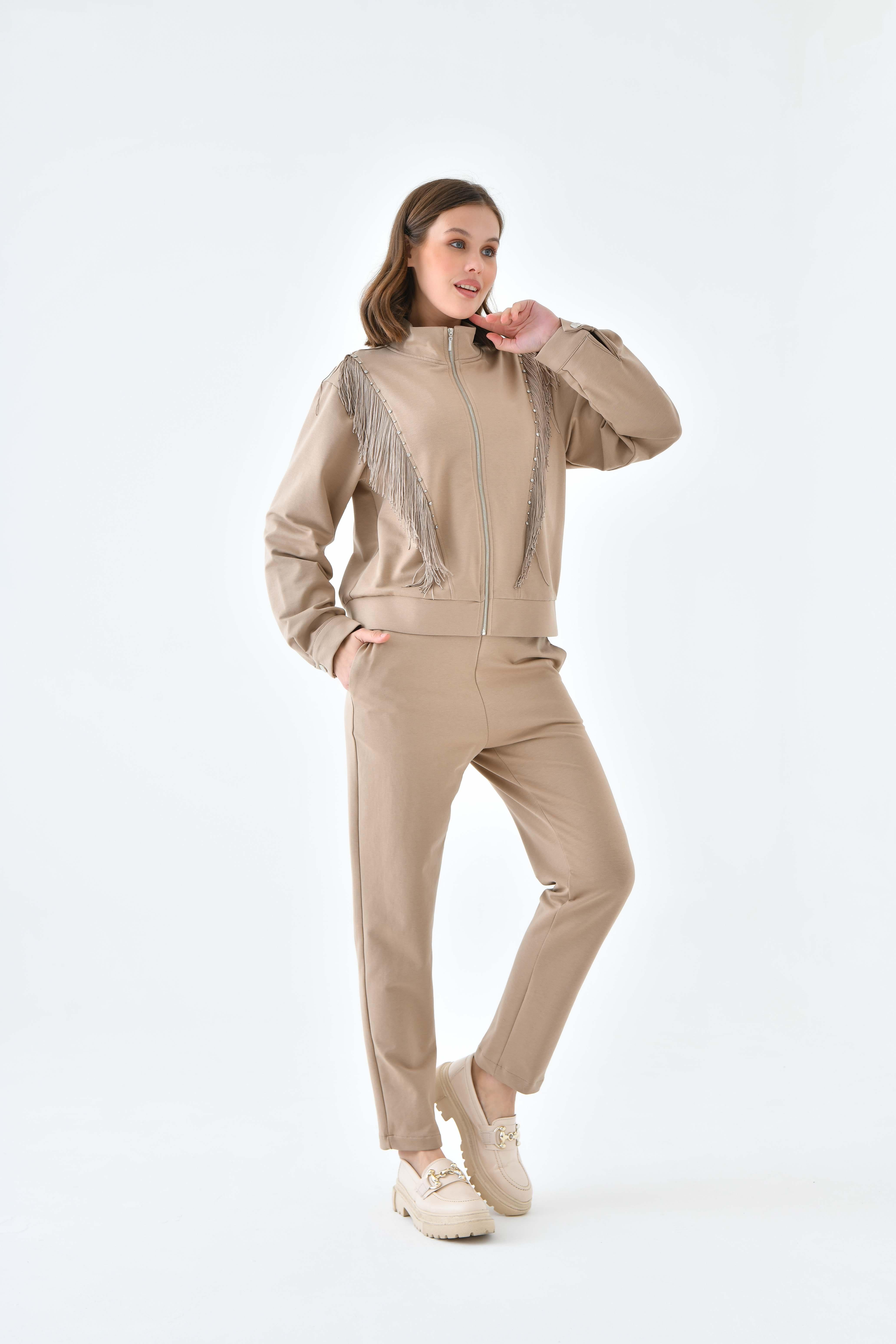 Firoy Kadın İki İp Püsküllü Takım  Beige