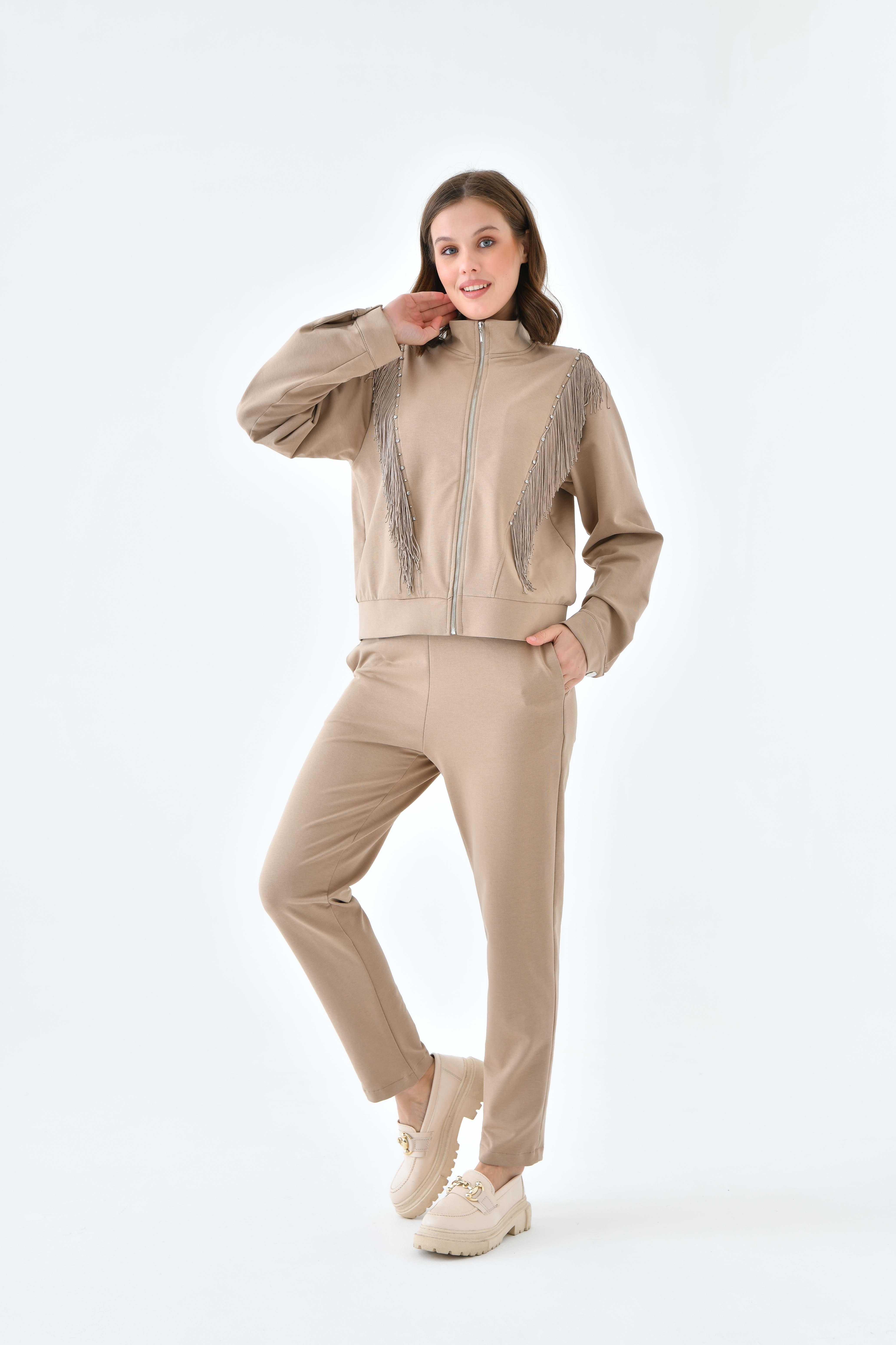 Firoy Kadın İki İp Püsküllü Takım  Beige