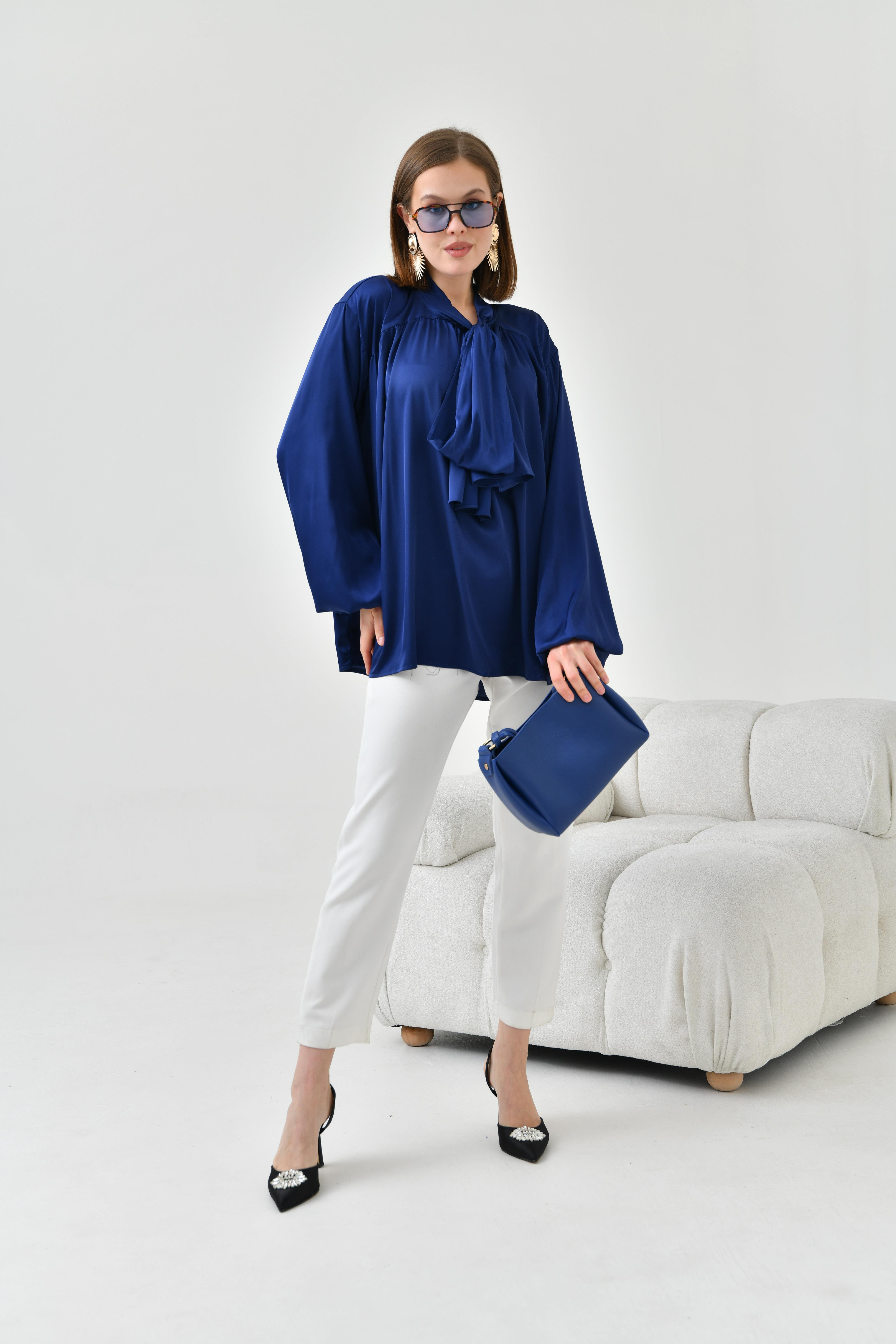 Firoy Kadın İpek Saten Gömlek  Lacivert